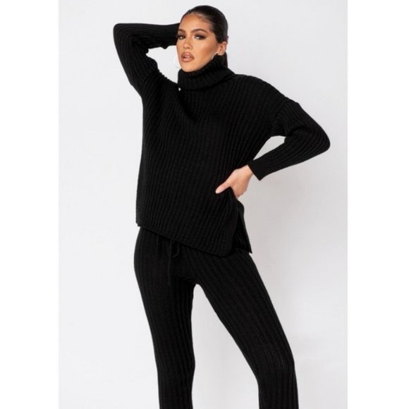 Black Knitted Long Sleeve Turtle Neck Sweater Top and Leggings Two Piece Set - Picture 7 of 8